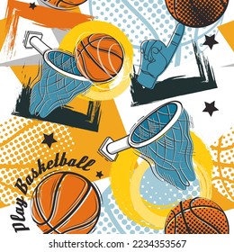 Hand drawing basketball graffiti pattern. Abstract fashion orange ball and basket for T-shirt or wallpaper. Sport game. Team competition. Seamless background. Vector current illustration