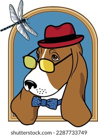 Hand drawing basset hound dog with dragonfly. For logo, symbol and fashion print.