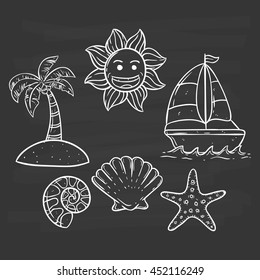 Hand drawing beach icons with boat coconut tree shell and smile sun on chalkboard background