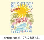 hand drawing beach illustration. hand made sunshine vector graphics. sunshine tropicana club typography summer slogan . brush drawing big waves graphics. girl
