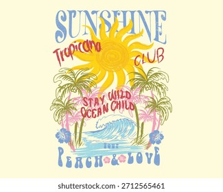 Ilustración de playa de dibujo a mano. Gráficos de Vector Sunshine Tropicana Club Tipografía Eslogan de verano. Dibujo de pincel Gráficos de grandes olas. Camiseta de gráficos de verano para niña 