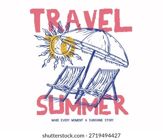 Dibujo a mano Playa Relax Cheer con umbral y sol. Tipografía Eslogan de Viaje al Verano. Camiseta gráfica de playa. Diseño de sudadera de camiseta de verano de moda para mujeres y niñas en Vector