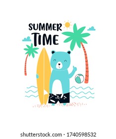 Hand drawing bear print design with slogan. Vector illustration design for fashion fabrics, textile graphics, prints.	