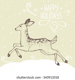 hand drawing beautiful deer. imitation pencil drawing by hand drawn sketch, vector illustration. vintage winter card