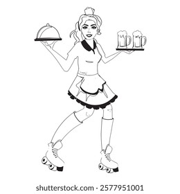 hand drawing of a beautiful waitress on roller skates serving beers, vector illustration.