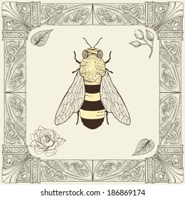 brotes de abejas y hojas de dibujo a mano con estilo decorativo de grabado vintage