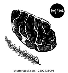 hand drawing beef steak with rosemary illustration