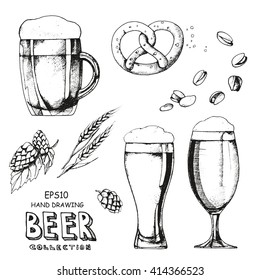 Hand drawing beer collection, Oktoberfest sat. Sketch different glasses beer, hops and malt, beer snack: pretzel, pistachios, black isolated vector illustration on white background