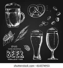 Hand drawing beer collection, Oktoberfest sat. Sketch different glasses beer, hops and malt, beer snack: pretzel, pistachios, white hand drawing isolated vector illustration on chalkboard.