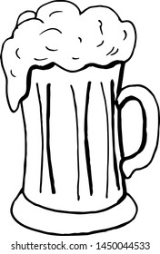hand drawing beer mug with foam on a white background. Doodle vector illustration, element for menu design, posters, beer festivals