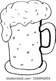 hand drawing beer mug with foam on a white background. Doodle vector illustration, element for menu design, posters, beer festivals