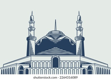 Hand drawing of big mosque ramadan theme isolated on white background.