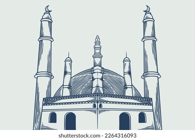Dibujo manual del tema de la gran mezquita ramadan aislado en un fondo blanco.