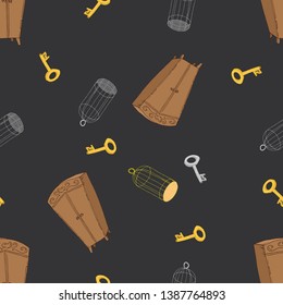 Hand drawing bird cage. Vector illustration of key, cabinet, birdcage. Wardrobe and key seamless pattern.