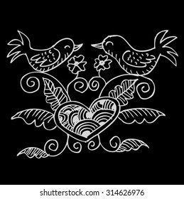 Hand drawing bird and doodle flower pattern