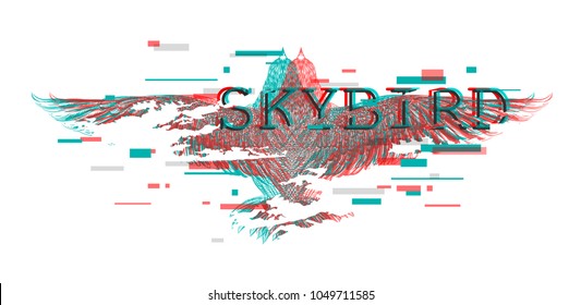hand drawing bird with glitch effect. Sketch for colofl tattoo. Embroidery for t shirt. Graphic double-sided printing and printed tee for t shirt. Dove with text.