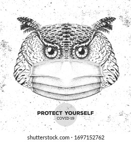 Hand drawing bird owl wearing face medical mask. Covid-19 protection methods. Coronavirus Quarantine Warning. Vector illustration