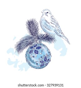 Hand drawing of birds. Bird on the tree branches. Christmas balls. Greeting card. Celebration. Vintage.