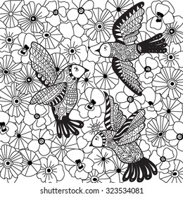 Hand drawing birds. Doodle background. Black and white pattern for coloring book for adults and kids.