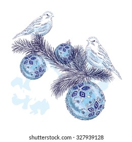 Hand drawing of birds. Birds on the tree. Christmas balls. Greeting card. Celebration. Vintage.