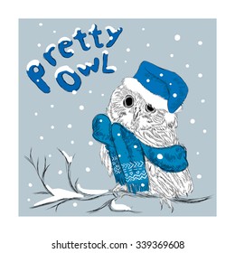 Hand drawing of birds. Owl in hat and scarf . Vector illustration for greeting card, poster, or print on clothes.
