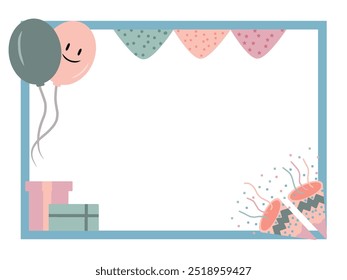 Hand Drawing Birthday Frame card with balloon, flag, gift box with pastel color blue, pink, green, peach