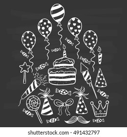 hand drawing birthday icons set on chalkboard background