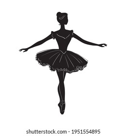 Hand drawing black silhouette  Ballerina. Dancer in tutu and pointe shoes.Vector Line isolated drawing illustration.Woman Dancer is jumping. logo. 