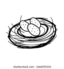 A Hand drawing black vector Illustration of a bird nest with a group of three eggs isolated on a white background