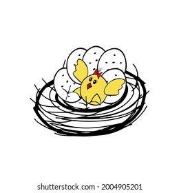 A Hand drawing black vector Illustration of a bird nest with one yellow chick and five white eggs isolated on a white background