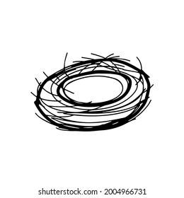 A Hand drawing black vector Illustration of a bird nest without eggs isolated on a white background