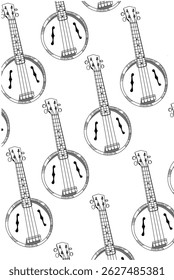 Mão desenho preto e branco banjo padrão de guitarra no fundo branco