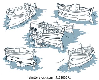Hand drawing black and white fishing boats. Vector illustration.