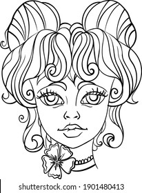 Hand drawing black white line girl very beautiful doll. Suitable for tattoo, cover, print, poster, postcard. Vector. Isolated from the background