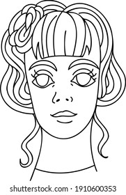 Hand drawing black white line girl very beautiful doll. Suitable for tattoo, cover, print, poster, postcard. Vector. Isolated from the background