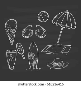 hand drawing black and white summer icons on chalkboard background