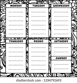 Hand drawing black and white weekly planner template. Cute doodle stationery organizer and schedule for daily plans, diary, schedules. Floral background. Bullet journal style. Vector illustration. 