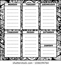 Hand drawing black and white weekly planner template. Cute doodle stationery organizer and schedule for daily plans, diary, schedules. Floral background. Bullet journal style. Vector illustration. 