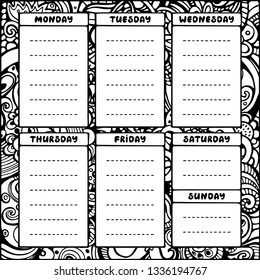 Hand drawing black and white weekly planner template. Cute doodle stationery organizer and schedule for daily plans, diary, schedules. Floral background. Bullet journal style. Vector illustration. 