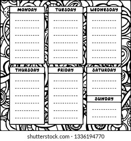 Hand drawing black and white weekly planner template. Cute doodle stationery organizer and schedule for daily plans, diary, schedules. Bullet journal style. Vector illustration. 