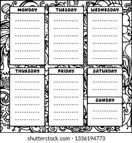 Hand drawing black and white weekly planner template. Cute doodle stationery organizer and schedule for daily plans, diary, schedules. Floral background. Bullet journal style. Vector illustration. 