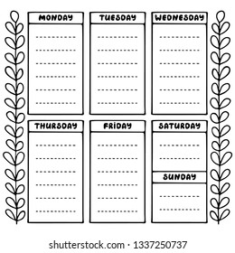 Hand drawing black and white weekly planner template. Cute doodle stationery organizer and schedule for daily plans, diary, schedules. Bullet journal style. Vector illustration. 