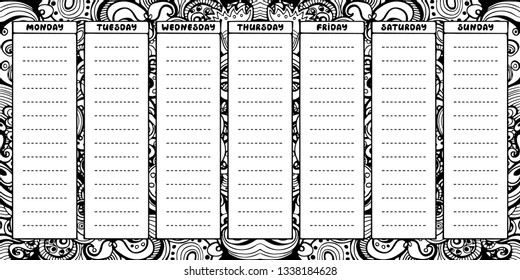 Hand drawing black and white weekly planner template. Cute doodle stationery organizer and schedule for daily plans, diary, schedules. Floral background. Bullet journal style. Vector illustration. 