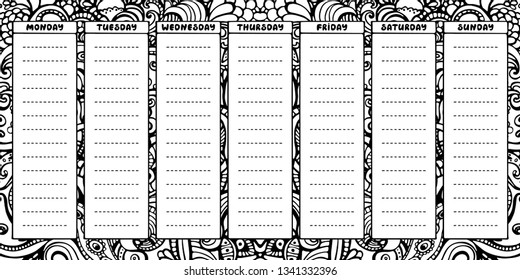 Hand drawing black and white weekly planner template. Cute doodle stationery organizer and schedule for daily plans, diary, schedules. Floral background. Bullet journal style. Vector illustration. 