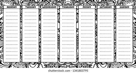 Hand drawing black and white weekly planner template. Cute doodle stationery organizer and schedule for daily plans, diary, schedules. Floral background. Bullet journal style. Vector illustration. 