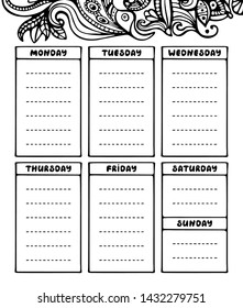 Hand drawing black and white weekly planner template. Cute doodle stationery organizer and schedule for daily plans, diary, schedules. Bullet journal style. Vector illustration. 