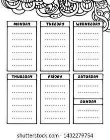 Hand drawing black and white weekly planner template. Cute doodle stationery organizer and schedule for daily plans, diary, schedules. Bullet journal style. Vector illustration. 