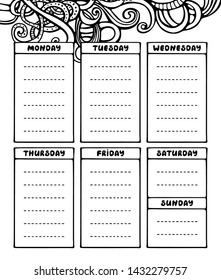 Hand drawing black and white weekly planner template. Cute doodle stationery organizer and schedule for daily plans, diary, schedules. Bullet journal style. Vector illustration. 