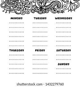 Hand drawing black and white weekly planner template. Cute doodle stationery organizer and schedule for daily plans, diary, schedules. Bullet journal style. Vector illustration. 