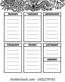 Hand drawing black and white weekly planner template. Cute doodle stationery organizer and schedule for daily plans, diary, schedules. Bullet journal style. Vector illustration. 